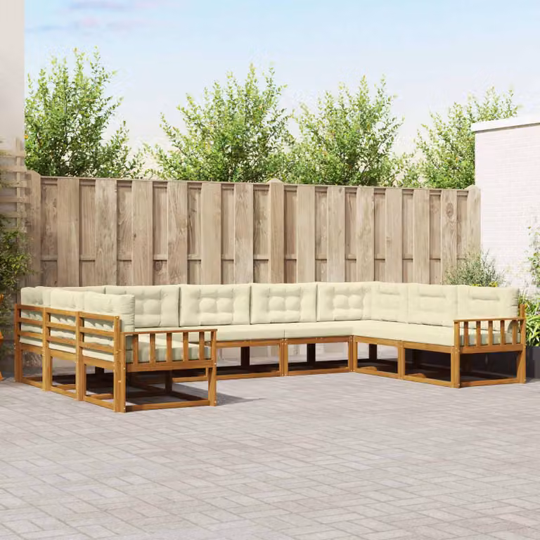 Set di divani da esterno a L vidaXL in legno di acacia con cuscini, 9 pezzi, Beige e Bianco