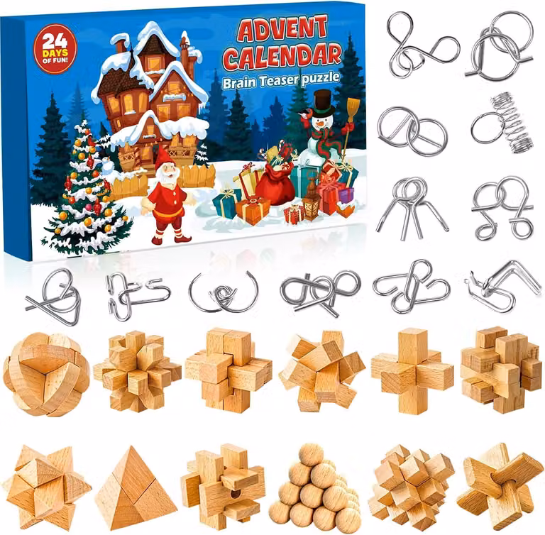 Calendario dell'Avvento 2025 per bambini - 24 giorni di regali a tema natalizio, con giochi di puzzle e rompicapo in metallo e legno