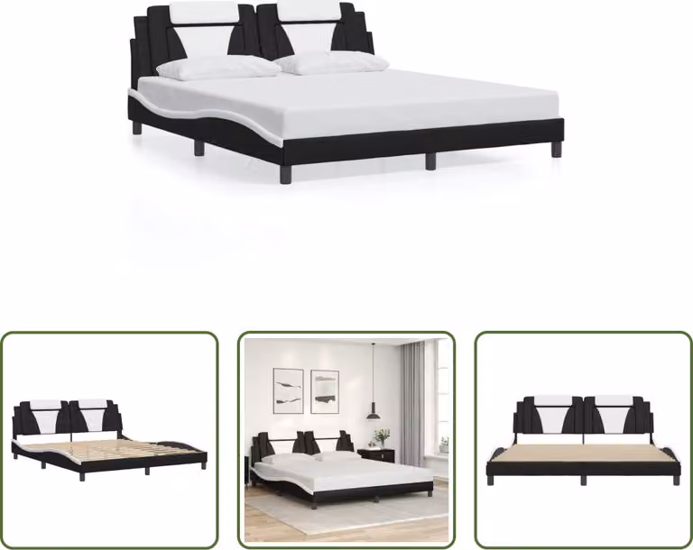 The Living Store Struttura letto con testiera bianca e nera 180x200 cm in ecopelle