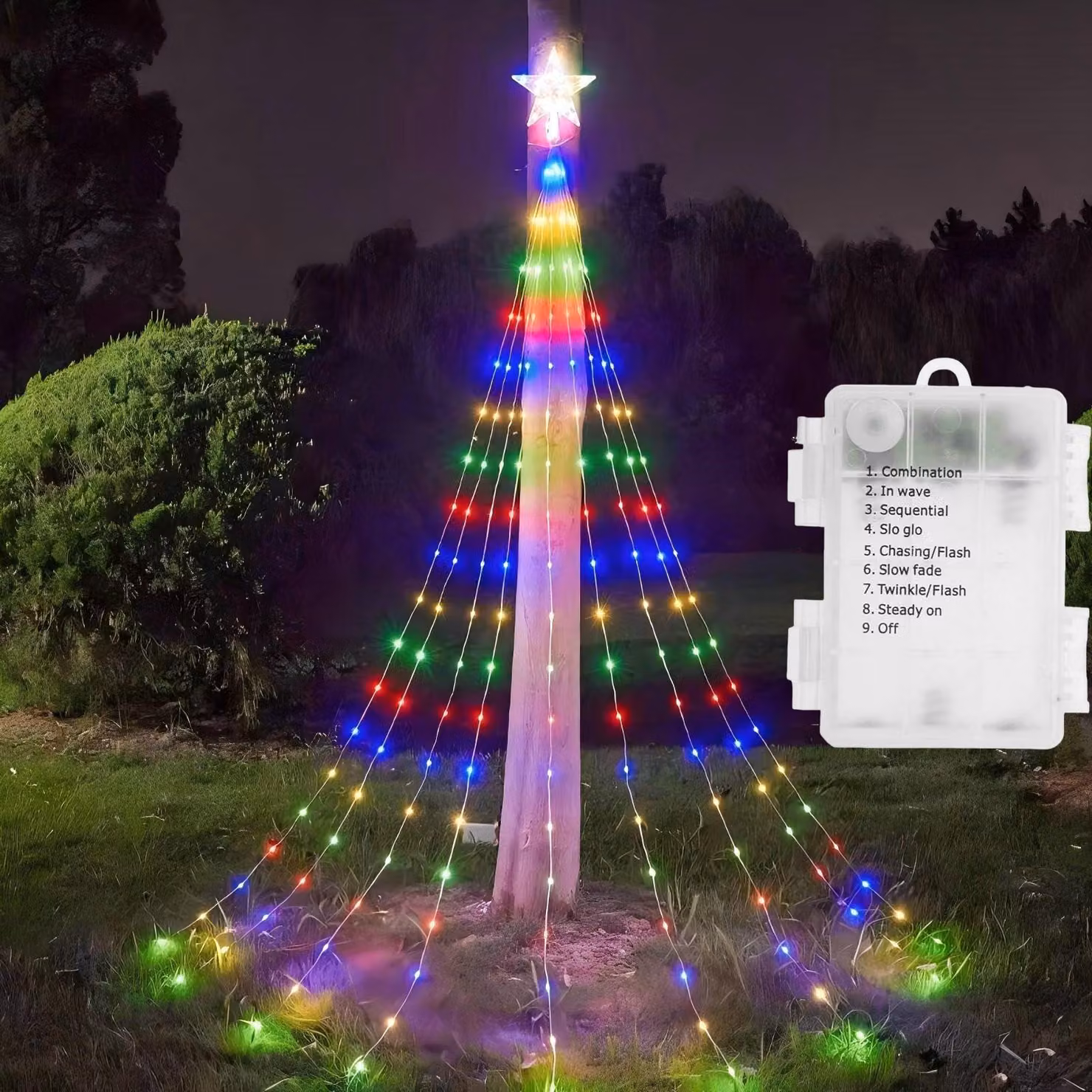 Catena luminosa a LED, 9 metri di lunghezza, con stella all'estremità, alimentazione USB, 8 modalità, multicolore