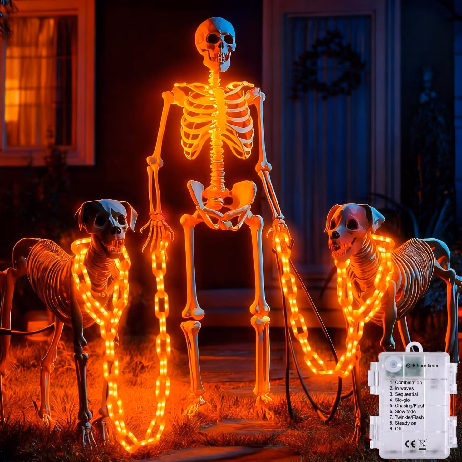 Catena luminosa a LED per Halloween, 160 LED, lunghezza 3 metri, alimentazione a batteria, 8 modalità, timer, colore arancione