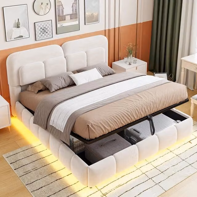 Letto imbottito 140x200 con testiera led contenitore idraulico ¨C Minimal ¨C beige velluto
