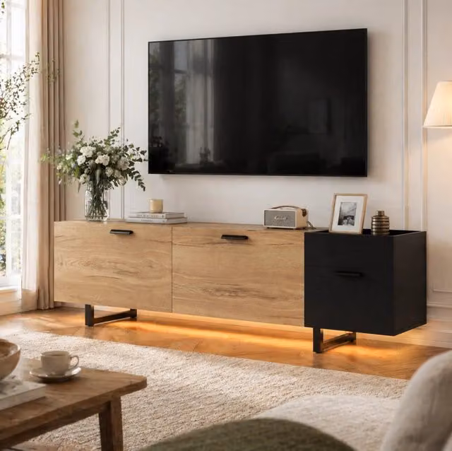 Mobile TV 180x38x49 cm nero in legno ingegnerizzato con cassetti e vani aperti