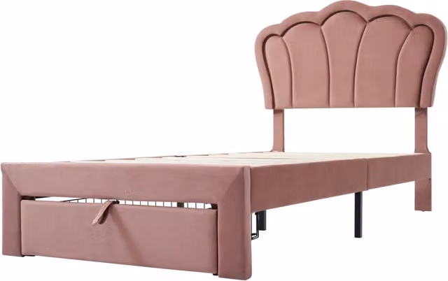 Letto singolo imbottito rosa 90x200 cm con LED RGB, cassettone estraibile e testiera regolabile