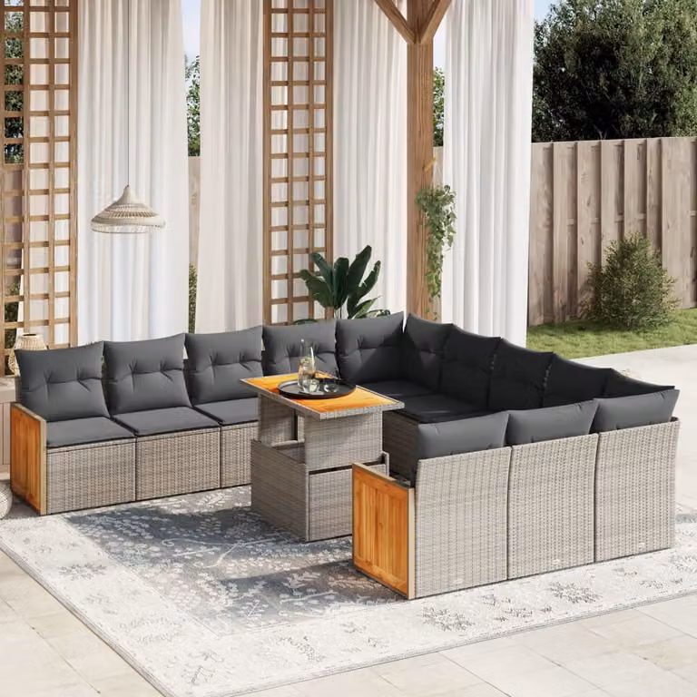 Set di divani da giardino vidaXL 11 pezzi in rattan e legno di acacia oliato con cuscini grigi