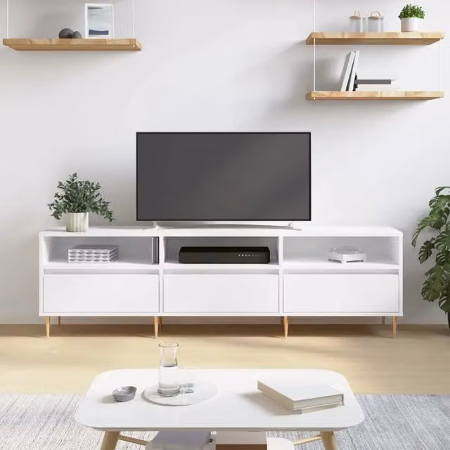 Mobile Porta TV e Credenza Moderno Bianco in Legno e Metallo L: 150 cm, P: 30 cm, H: 44,5 cm