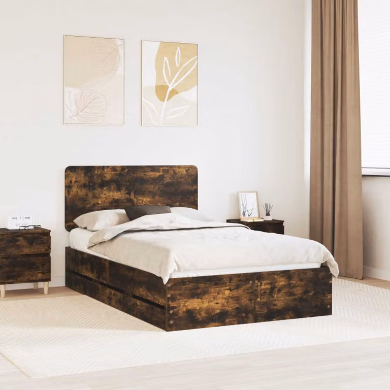 Struttura letto con cassetto vidaXL in legno rovere fumé L: 140 cm x P: 190 cm