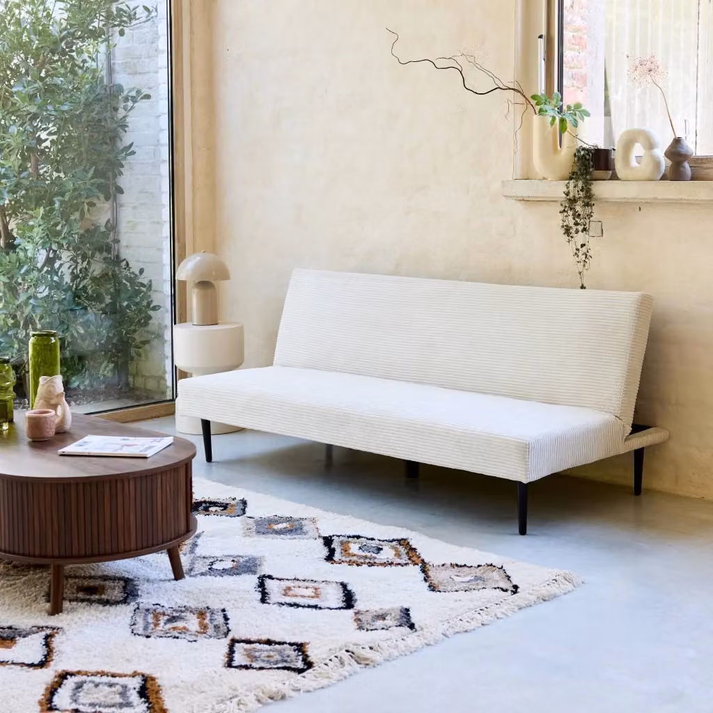 Divano letto a 3 posti Sweeek in velluto a coste beige o bianco con struttura in metallo e meccanismo click-clack per soggiorno e camera da letto – 2
