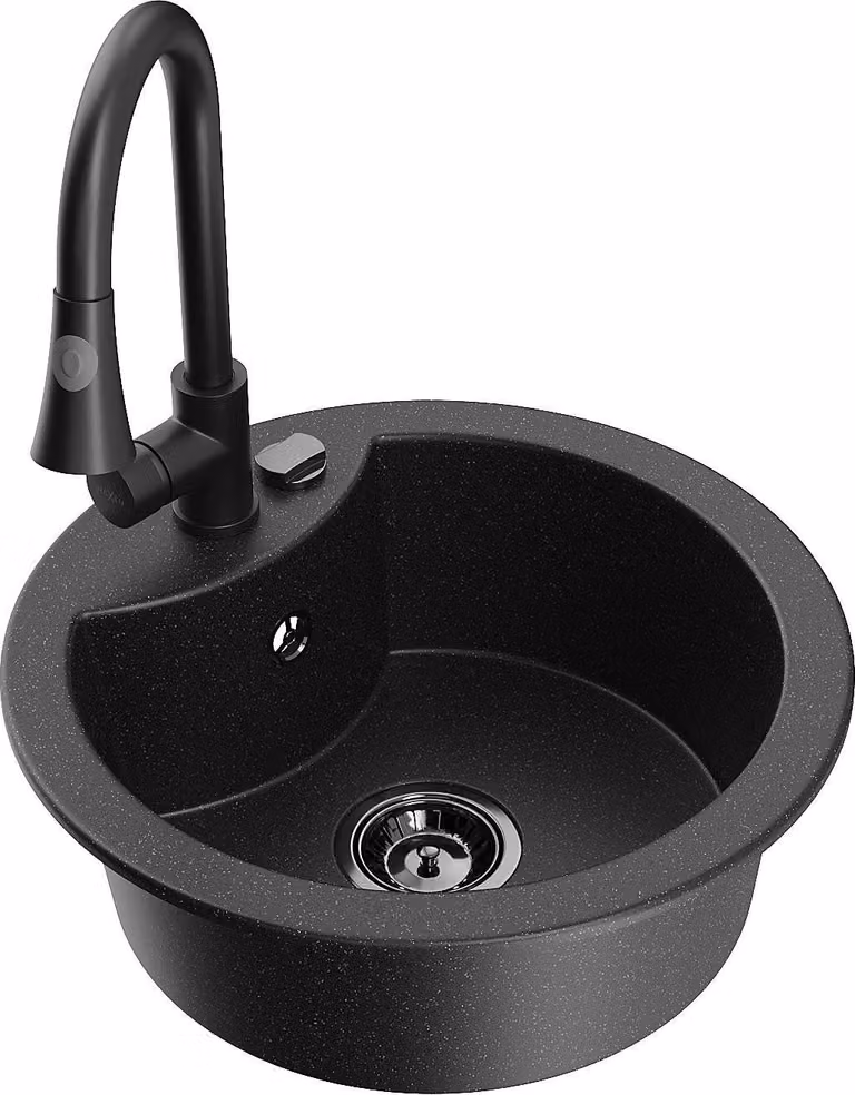 Mexen Diego lavello da cucina in granito a 1 vasca con miscelatore Elia, nero/argento metallizzato - 6512-73-670101-70-B
