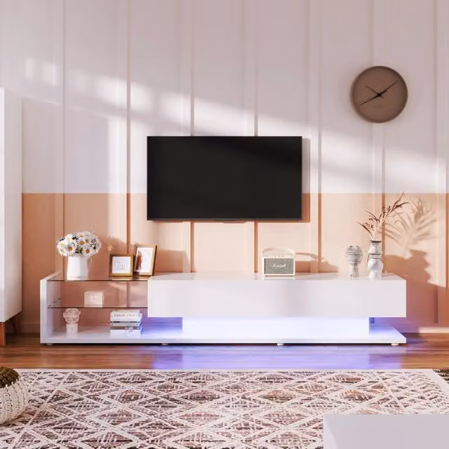Mobile TV per soggiorno con 2 cassetti e 2 ripiani in vetro LED multicolore in pannello truciolare bianco lucido
