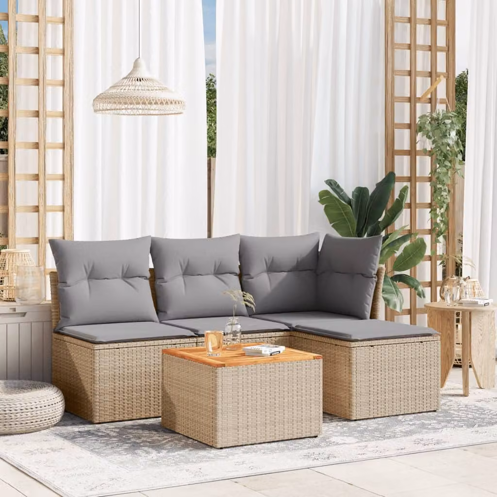 vidaXL Set Divano da Giardino a L in Polyrattan con Cuscini Beige e Grigio e Tavolino da Esterno 5 pz – 1
