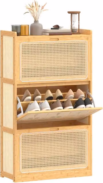 Scarpiera Minimal in Bambù e Rattan con 3 Cassetti Beige L: 69 cm, P: 29 cm, H: 120 cm