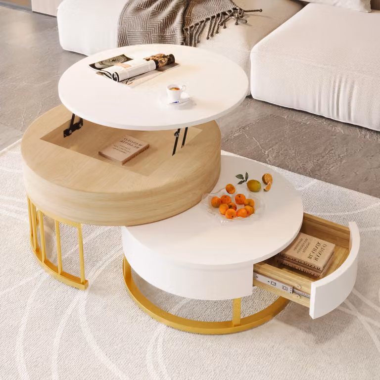 Set di tavolini da caffè MERAX con struttura in metallo dorato e cassetti con piano allungabile, tavolino da caffè con spazio di archiviazione, tavolino da caffè