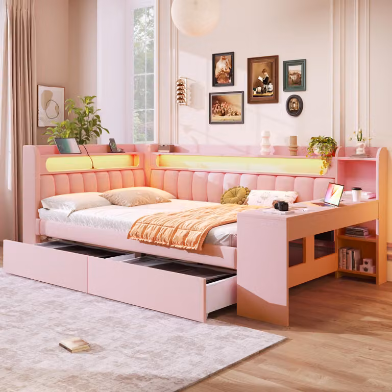 Letto a daybed STILVORA 140x200 cm imbottito con materasso, dotato di porte USB e illuminazione a LED; letto imbottito con scrivania integrata; divano letto con 2 cassetti, rosa