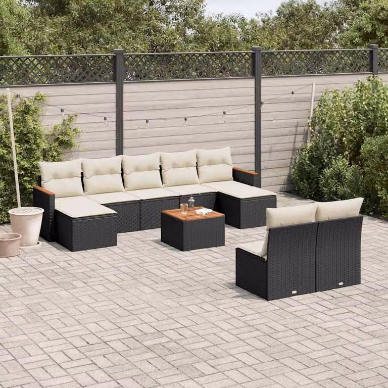 Set di divani da giardino vidaXL 10 pezzi in polyrattan nero con cuscini e tavolino da esterno