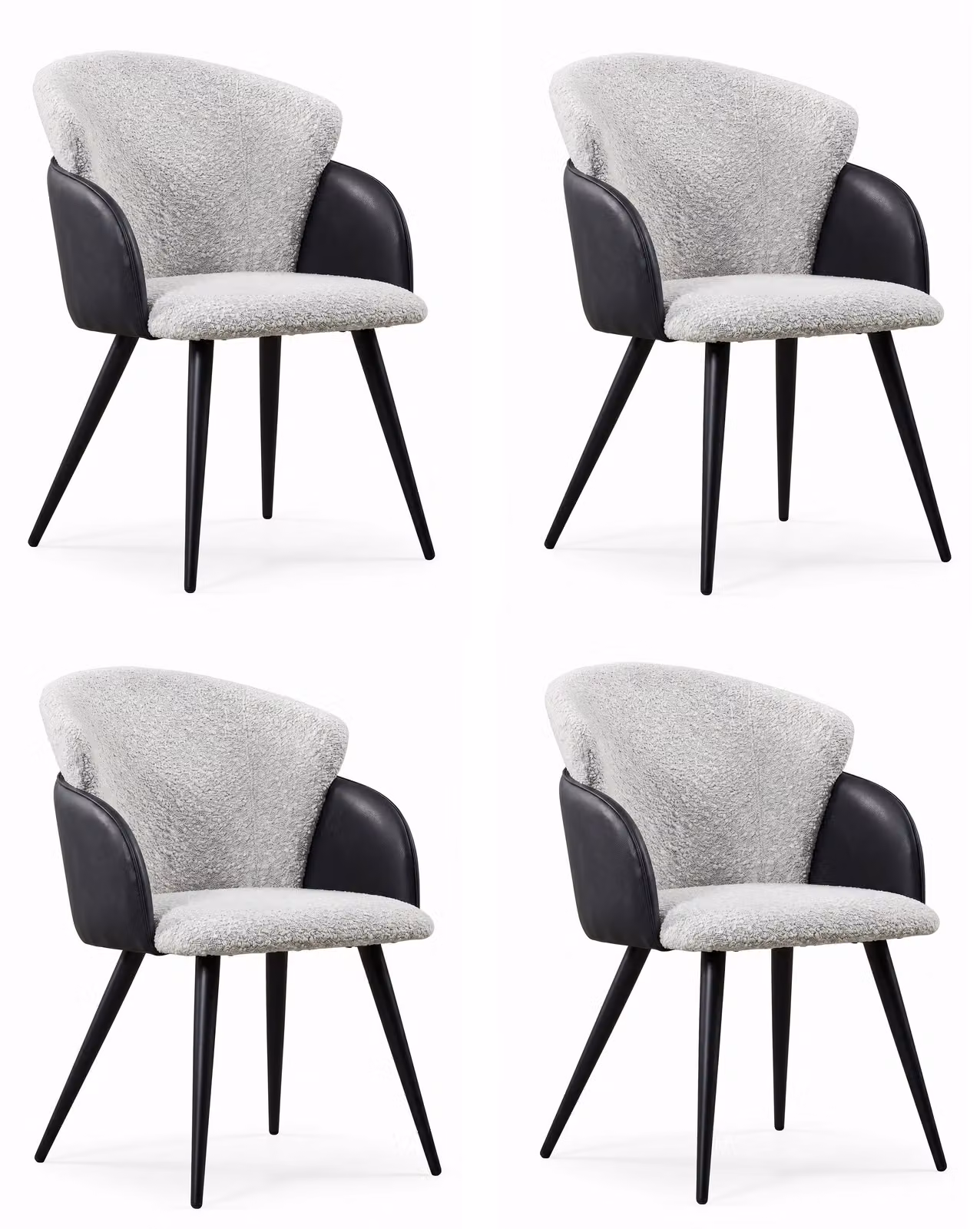 Set di 4 poltrone con braccioli, rivestite in tessuto bouclé grigio e nero, con struttura in ecopelle