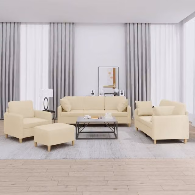 Set di Divani 4 Pezzi vidaXL Beige in Tessuto con Cuscini e Pouf per Soggiorno Moderno – 1