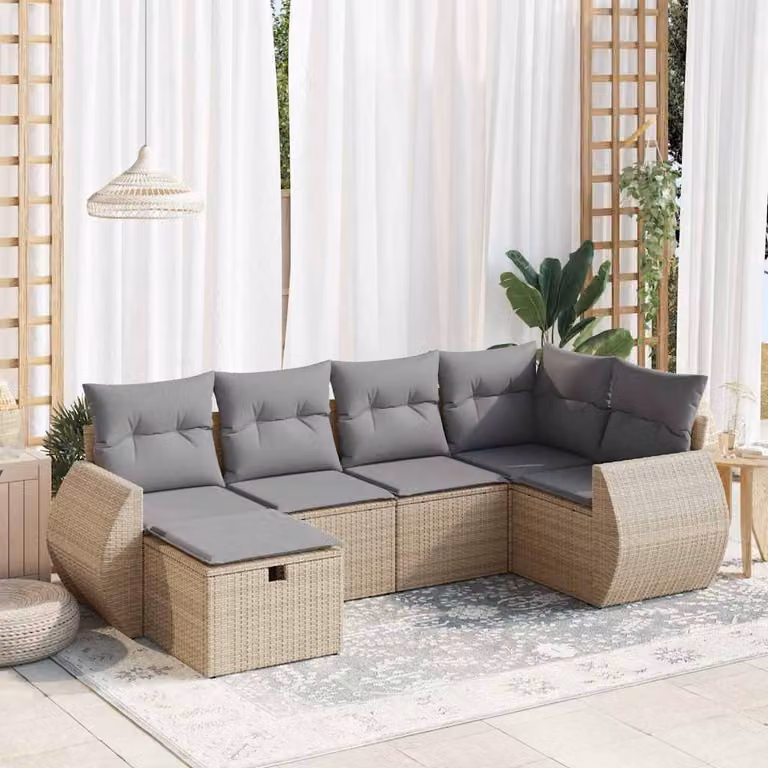 Set Divano da Giardino vidaXL 6 pz in Polyrattan Beige con Cuscini e Ottoman a Forma a L