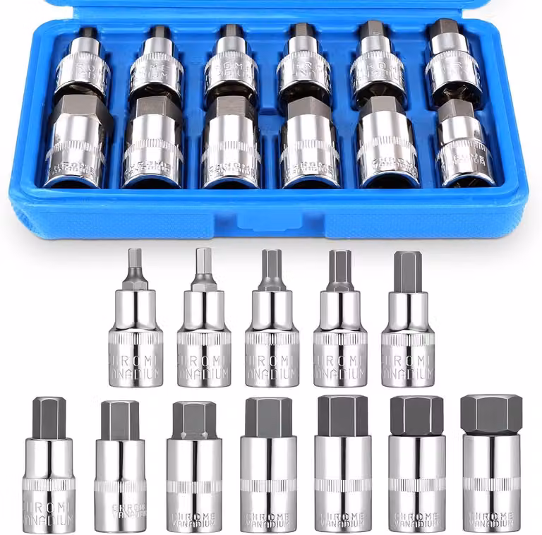 Set di chiavi a bussola da 12 pezzi, 1/2 pollice, da 5 a 22 mm, con custodia in plastica, per montaggio