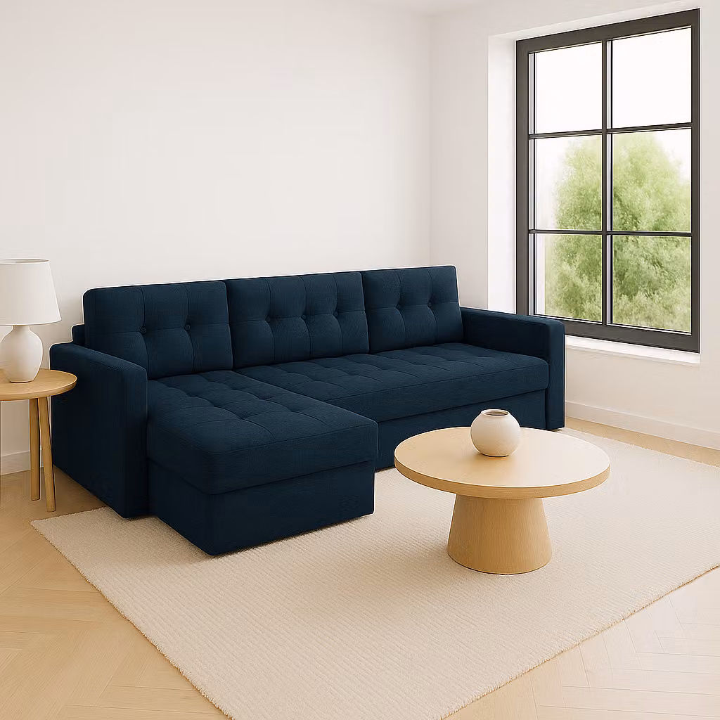 Divano angolare GUTTO con funzione letto, colore blu, modello IVIO I, rivestito in velluto in colori di tendenza. Cuciture moderne. Un prodotto di successo per il 2025!