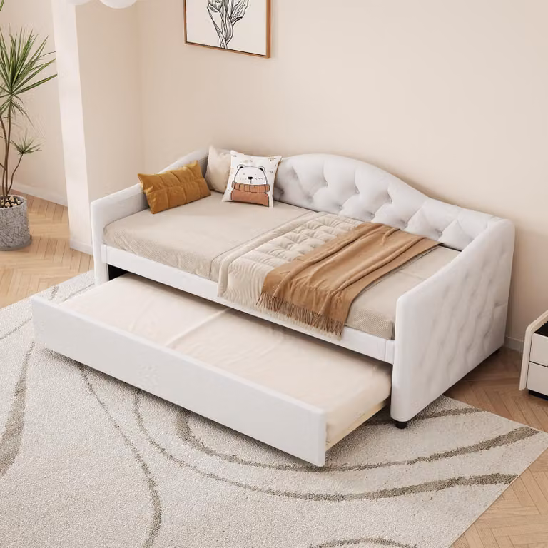 Flieks divano letto imbottito 90x200cm con sottolavello, letto giovanile letto singolo con rete a doghe, divano letto classico, lino, beige
