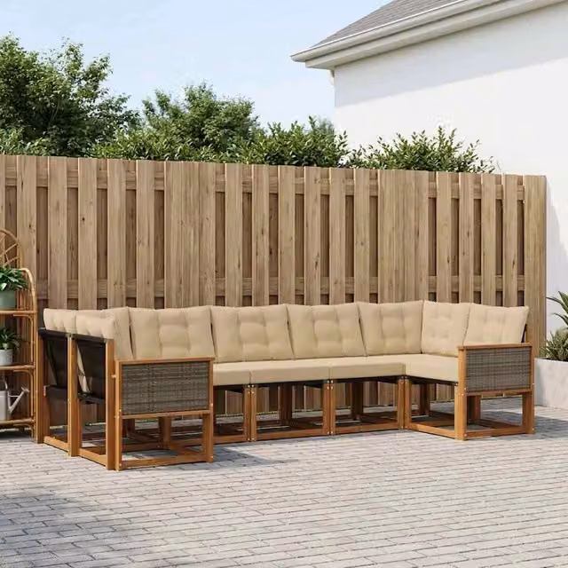 Set di divani da esterno vidaXL a forma di L composto da 7 pezzi in legno di acacia e tessuto beige e marrone con cuscini inclusi