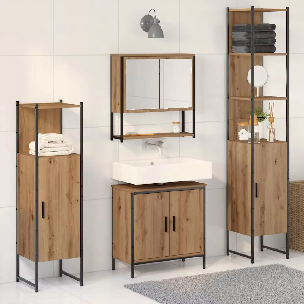 Set di mobili per il bagno moderno vidaXL in legno marrone, composto da 4 pezzi con base lavabo, armadietto con specchio, colonna alta e mobile laterale, L/P/H: 33 x 33 x 185,5 cm