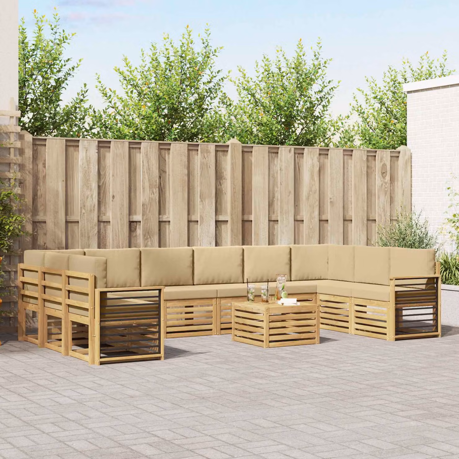 Set di divani da esterno vidaXL 11 pezzi a forma di L con tavolino da caffè, in legno di acacia e tessuto bianco e beige