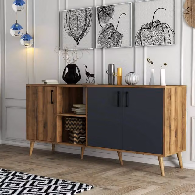 Madia Vardah DMORA, Credenza Mid Century con 3 Ripiani, Marrone e Antracite, L: 180 cm, P: 45 cm, H: 80 cm – 1