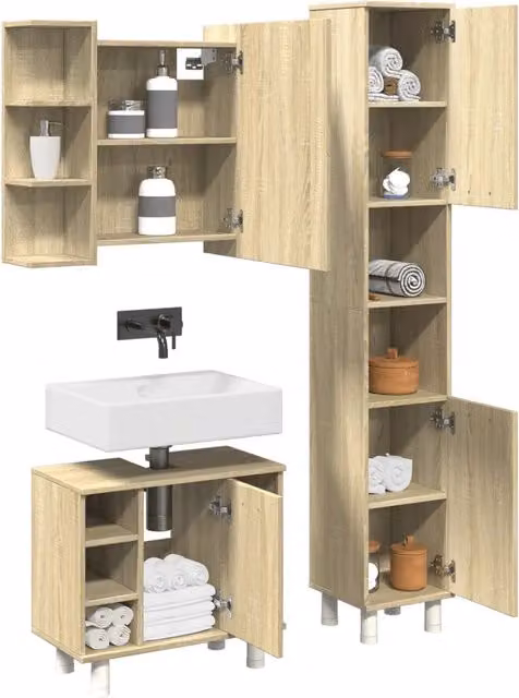 Set Mobili da Bagno Moderno vidaXL in Legno Rovero, 3 Pezzi con Mobile Lavabo, Armadietto a Parete e Specchio