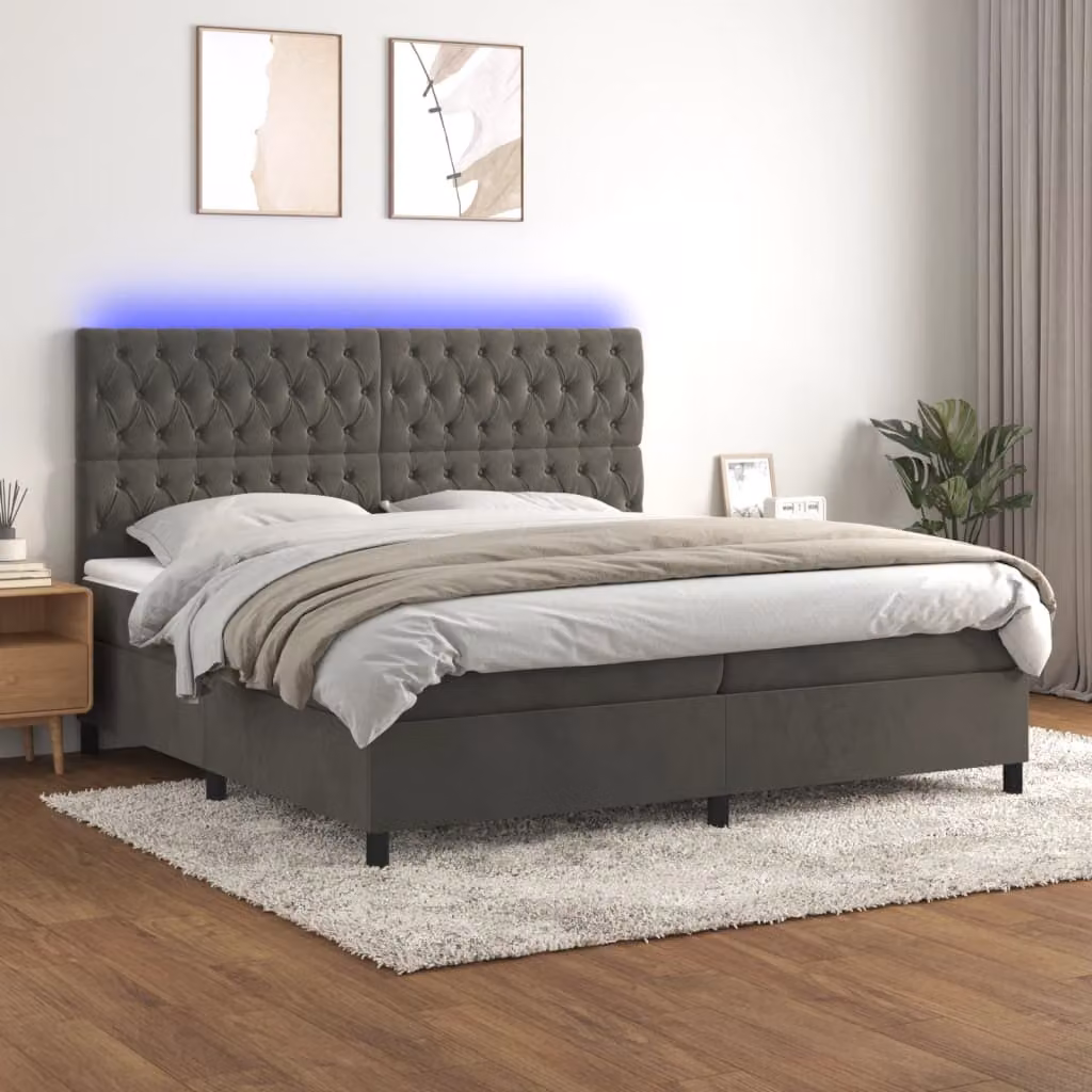 Letto Ibrido vidaXL con Materasso a Molle Insacchettate, Illuminazione LED Sotto il Letto e Porte USB, Rivestimento in Velluto Grigio, L/P/H: 200 x 200 x 128 cm – 1