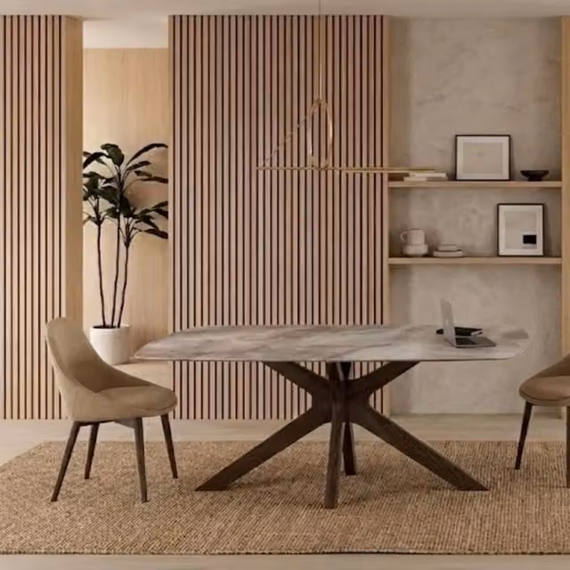 Tavolo da pranzo fisso Thiago Duzzle in ceramica effetto marmo alabastro e legno noce, L: 180 cm, P: 90 cm, H: 76 cm