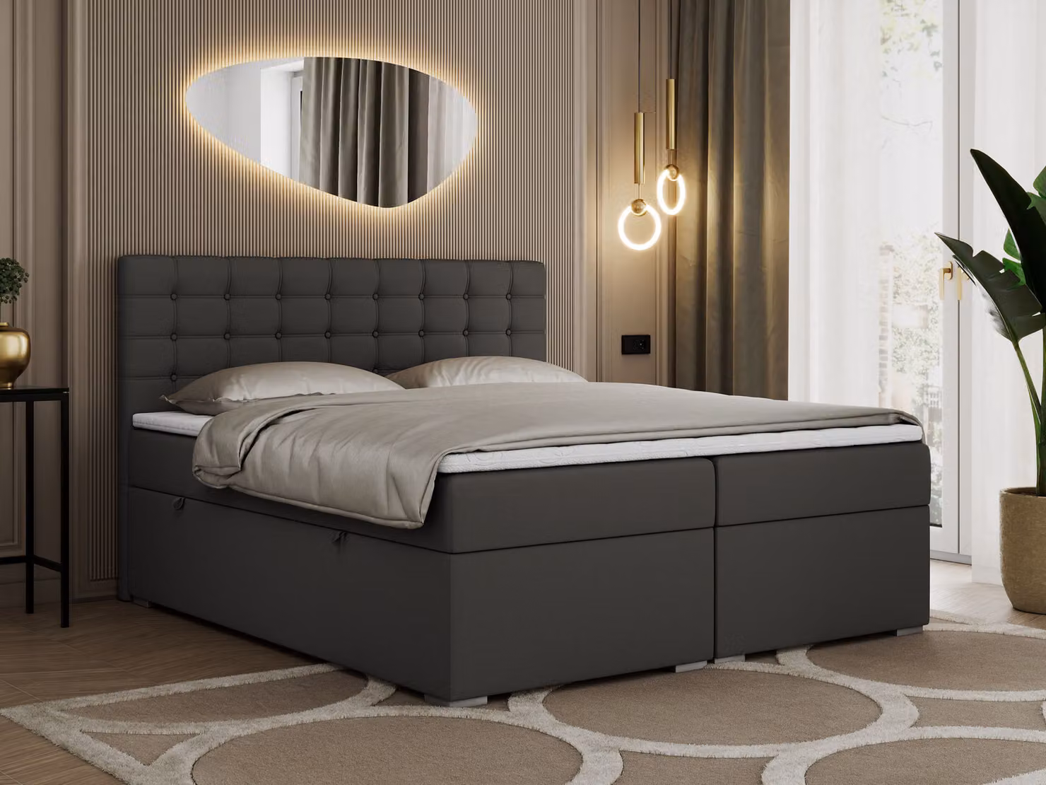 Letto boxspring 120x200 con contenitore, letto 120x200 con materasso e topper - SUSAN - 120x200 - Grigio scuro - Ecopelle - H4