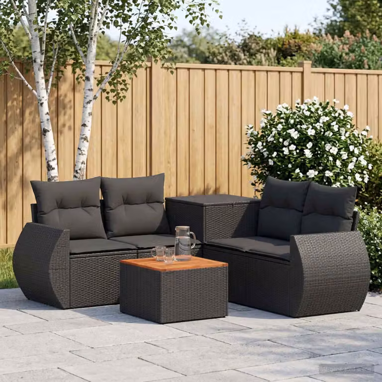 Set di divani da giardino vidaXL a forma di L composto da 6 pezzi in rattan sintetico e acciaio nero con cuscini inclusi