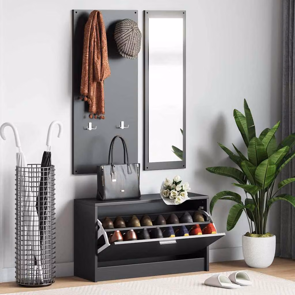 Set di scarpiere 3 in 1 vidaXL nero moderno in legno e vetro con ante a battente e scaffali aperti per ingresso L/P/H: 80 x 46,5 x 27 cm
