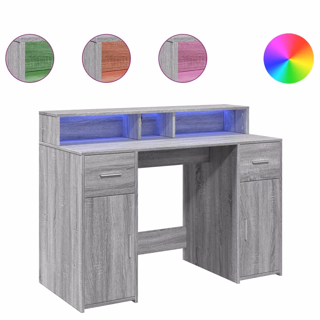 Scrivania con Luci LED Grigio Sonoma 120x55x91cm in Multistrato