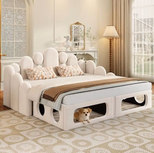 Letto imbottito multifunzione 180x200 cm in velluto beige con letto per animali