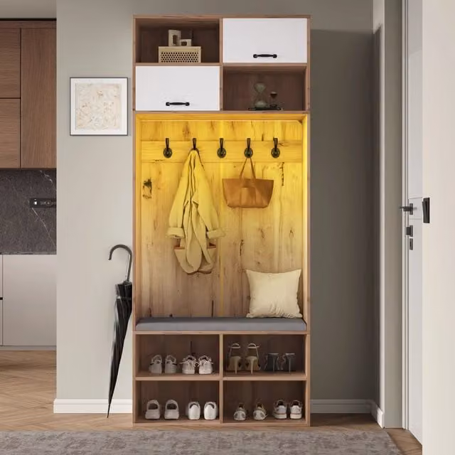 Set Ingresso con Panca, Appendiabiti, Ante e Ripiani ¨C MINIMAL ¨C Bianco/Legno, 80x185x35 cm