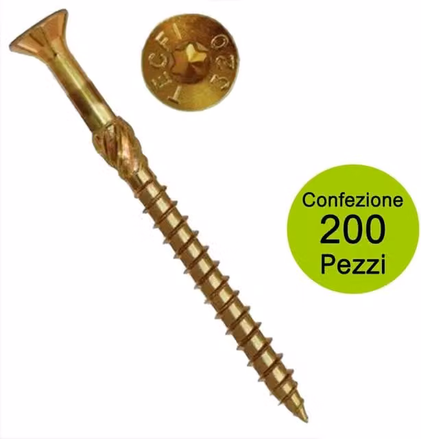 Viti per legno TECFI Torx T-30 autocentranti in acciaio zincato giallo, Diametro: 6 mm, Lunghezza: 200 mm