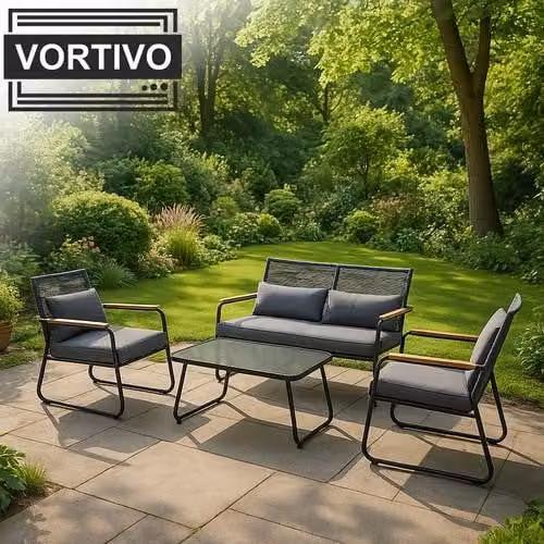 Mobili da giardino VORTIVO, set di 4 pezzi per 4 persone - divano, 2 poltrone, tavolo - struttura in metallo e cuscini - terrazza, balcone, giardino