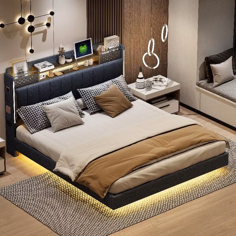 Letto imbottito 160x200 cm con illuminazione a LED e presa USB integrata nella testiera, testiera con spazio contenitivo e ripiani, rivestito in tessuto di lino color grigio, ideale per la camera da letto