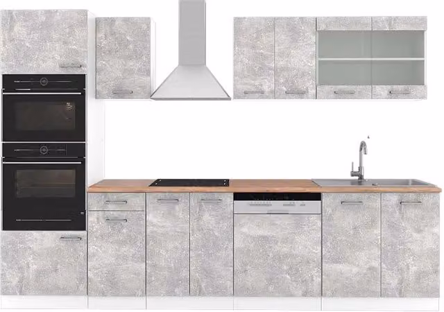 Cucina componibile moderna R-Line Vicco in finitura Calcestruzzo, Bianco e Rovere, L: 300 cm