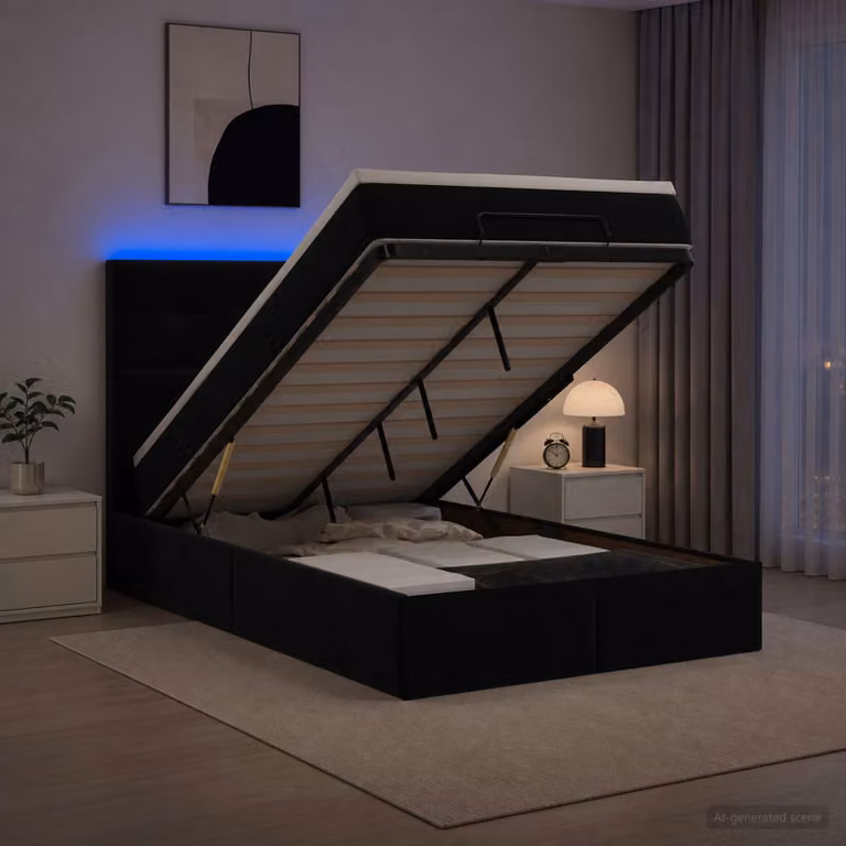 Letto Ottomano con Materasso e Illuminazione LED vidaXL in Velluto Nero L: 120 cm, P: 200 cm, H: 88 cm