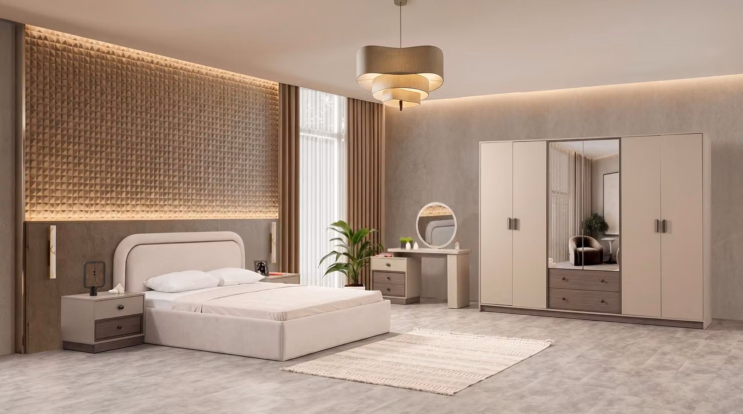 Set di mobili da camera da letto color beige, composto da letto, armadio, comò, specchiera e comodini, dal design lussuoso