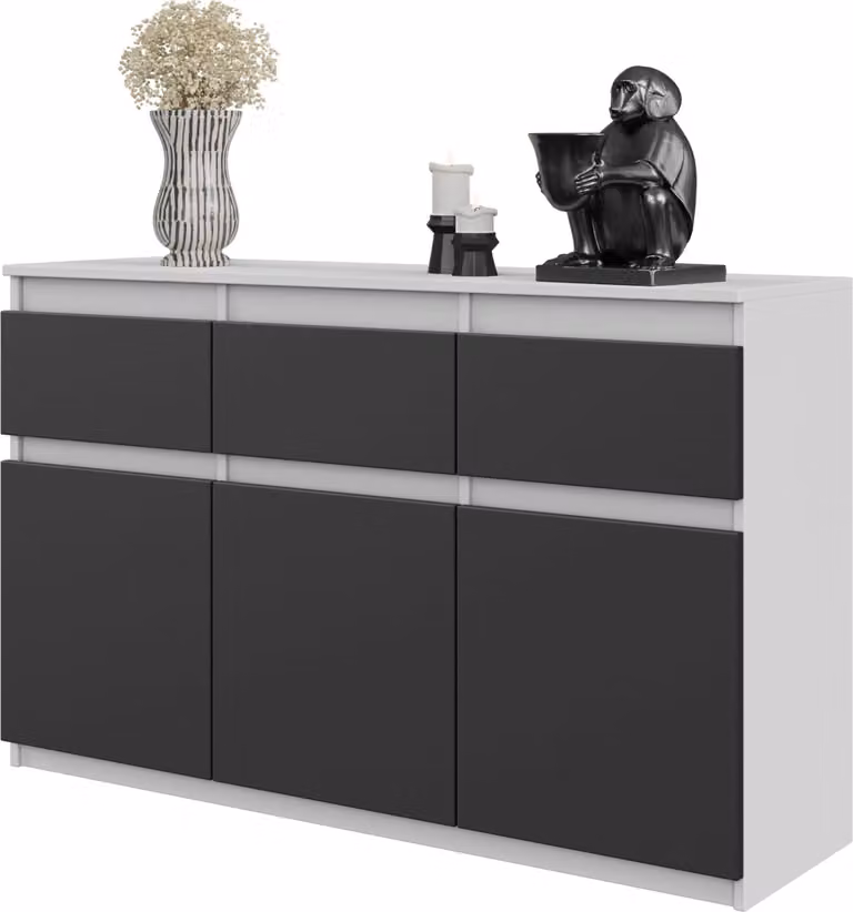 FURNICA - NOAH - Cassettiera / credenza con 3 cassetti e 3 ante - Bianco opaco / Grigio antracite H75cm L120cm P35cm