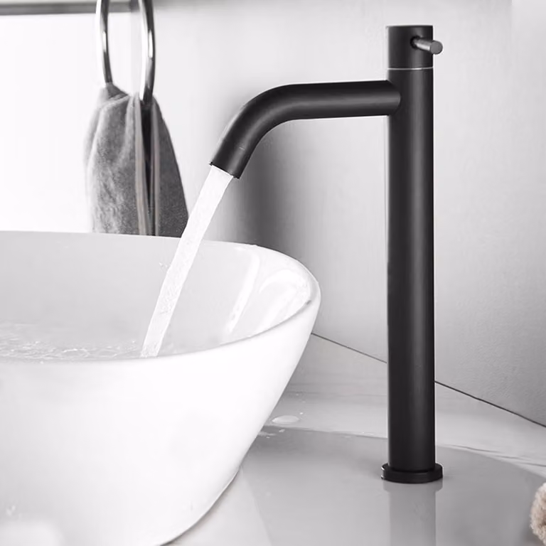 Rubinetto per bagno, modello Hoch Schwarz, monocomando, per acqua fredda, da montare su lavabo, in acciaio inossidabile