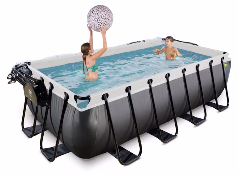 EXIT Black Leather Piscina fuori terra 400x200x100 cm, piscina fuori terra, con impianto di filtrazione a sabbia, copertura e pompa di calore, rettangolare, nera