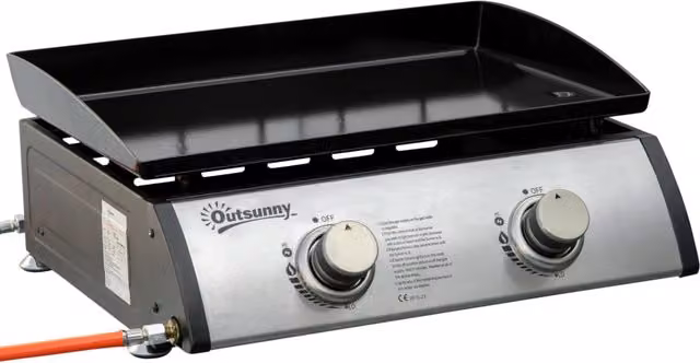 Griglia a gas da tavolo Outsunny con 2 bruciatori in acciaio inox e acciaio smaltato, colore argento, L: 48,5 cm, P: 48 cm, H: 21 cm