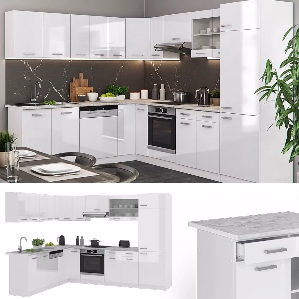 Cucina angolare moderna Vicco R-Line Bianco lucido e Rovere, L/P: 287 x 227 cm – 2