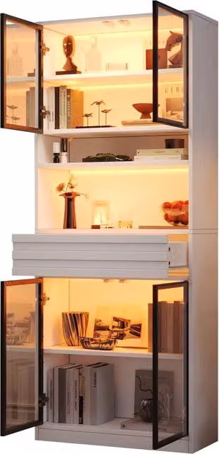 Set di 2 vetrine bianche mobile vetrina con luci led in MDF 160x35x200 cm